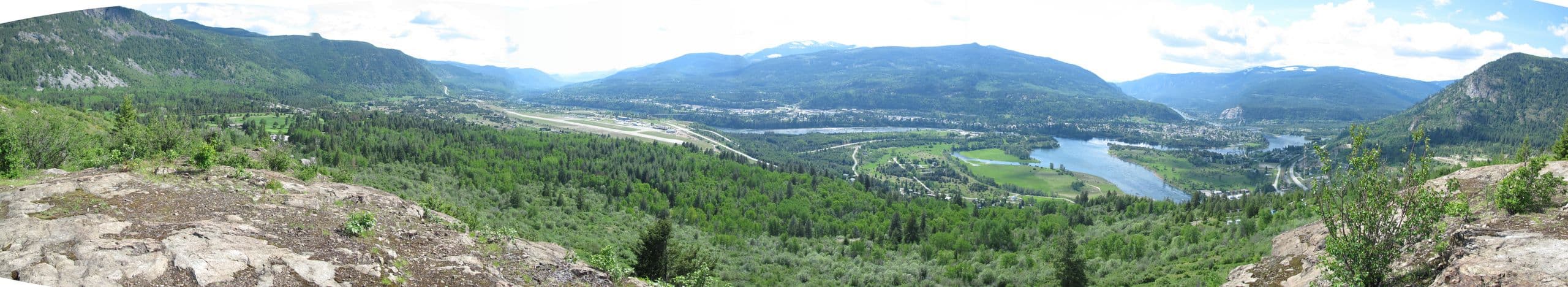 Panoramic view of the Kootenay and Columbia rivers meeting at Castlegar, from Dove Hill