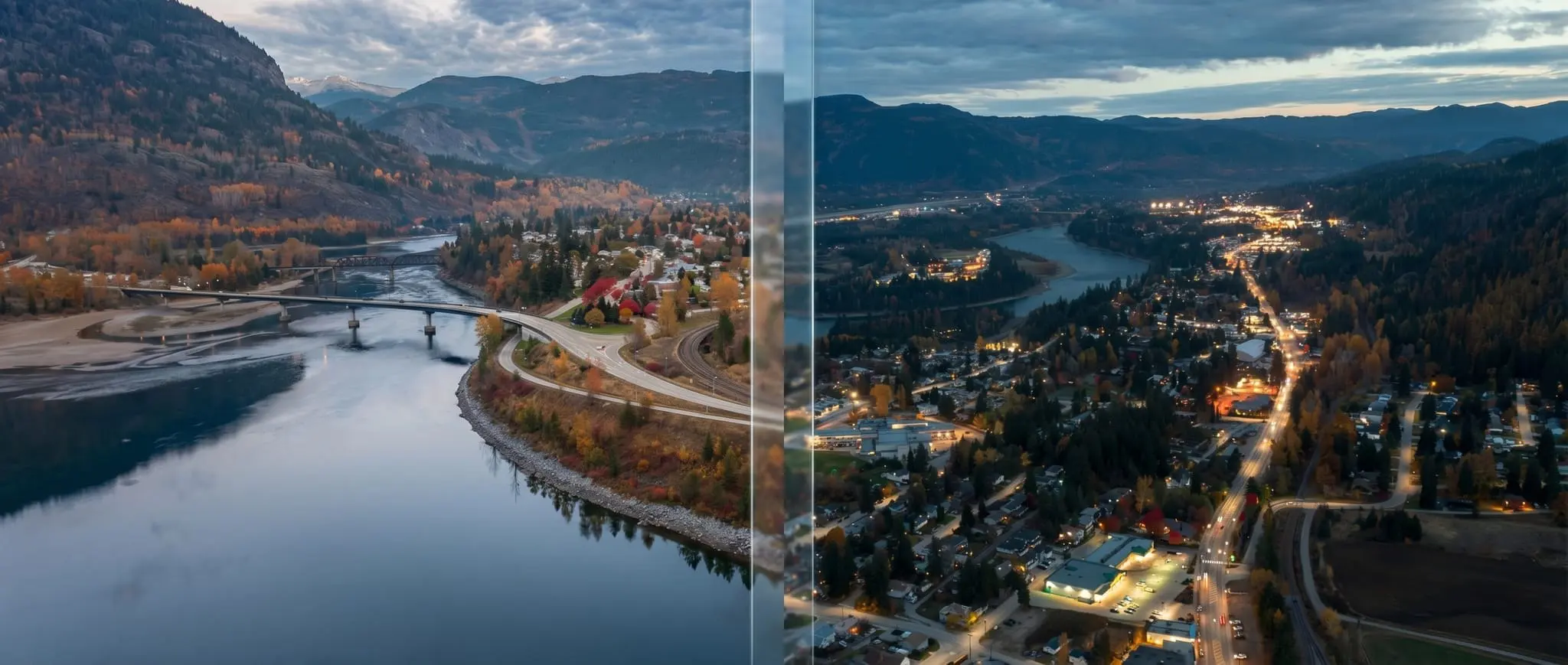 Aerial panorama of Castlegar, daytime view of the Columbia River and bridge transitioning to the city lights at night