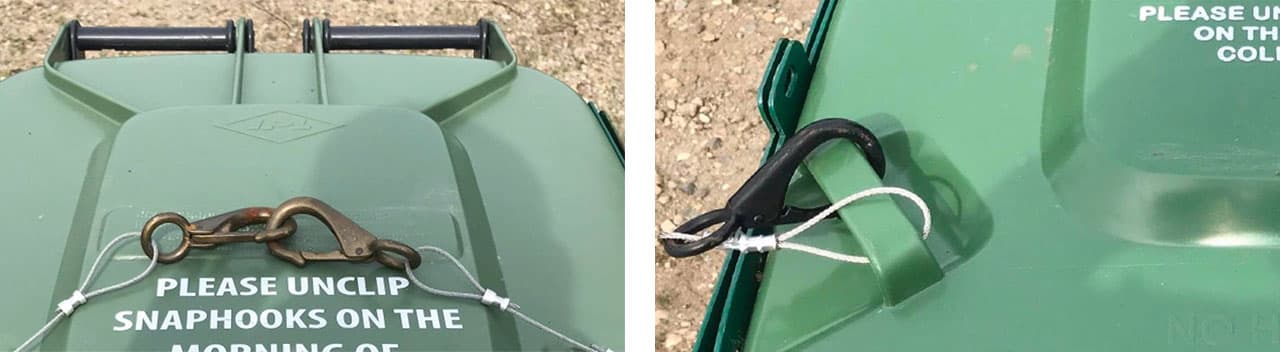 Two close-up photos of green organics carts. The left photo shows the snap-hook wildlife clip locked across the lid. The right photo shows the same clip unhooked and fastened to the side handle on collection day.